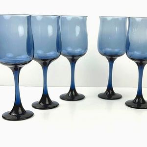 Vintage Libbey Dusky Blue Tulip Shaped Wine Glasses Water Goblets Set of 5